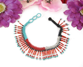 Boho Beaded Seedbead Bracelet Vintage Glass Beads Dangles Red Blue Black 8.5-9&quot; - £14.89 GBP