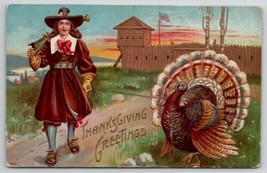 Thanksgiving Greetings Pilgrim Large Turkey And The Fort Postcard V21 - £5.43 GBP
