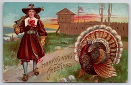 Thanksgiving Greetings Pilgrim Large Turkey And The Fort Postcard V21 - $6.95