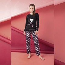Women’s Junior Cotton Pajama Set 2 piece Cute Printed I Love Cats PJ Set - £20.47 GBP