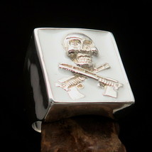 Men&#39;s Hitman Ring white Jolly Roger Skull crossed Auto Guns - Sterling Silver - £68.15 GBP