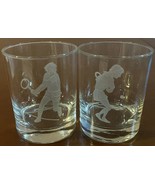Vintage 1980s Tennis Player Etched Cocktail Whiskey Tumbler Glasses - Se... - $25.30 CAD