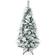 Costway 5ft Snow Flocked Christmas Pencil Tree w/ Berries &amp; Poinsettia F... - $101.99