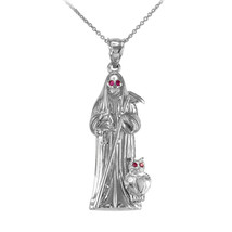 925 Sterling Silver Santa Muerte Owl Red CZ Pendant Necklace Made in US 16&quot;-22&quot; - £37.93 GBP+