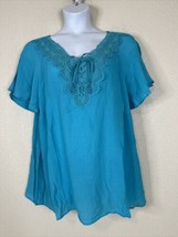 NWT Avenue Womens Plus Size 20 (1X) Turquoise Crochet Neck Top Flutter Sleeve - £15.80 GBP