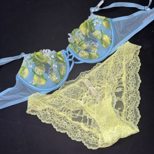 Victoria&#39;s Secret 34B,34C,34DD,34DDD BRA SET XS PANTY BLUE YELLOW LEMON ... - $49.49