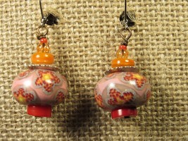 Earrings Pierced VINTAGE 19mm Pink &amp; Orange Stone &amp; Glass Beads Abstract Flowers - £9.98 GBP