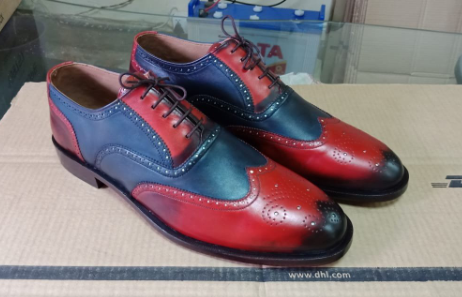 New Handmade men two tone shoes, red and navy blue wingtip shoes, brogue toe sho