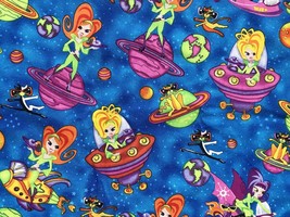 Space Girls Cats Cotton Fabric 2 Yd Timeless Treasures Red Hair Quilting Sewing - £20.56 GBP