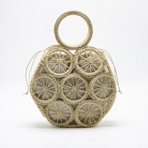 vintage hollow straw bags for women designer wooden handle rope woven handbags r - £54.88 GBP