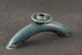 Vintage Studio Art Pottery Ash Fired Aqua Blue Drip Glaze Crackle Candleholder - £22.72 GBP