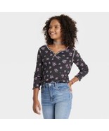 Girls&#39; Notch Long Sleeve T-Shirt - art class Black Floral Medium 7/8. NW... - £5.37 GBP