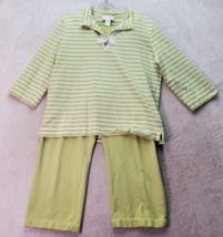 2 Piece Set Sport Savvy Top &amp; Pants Women Large Green Striped Toggle But... - $22.98