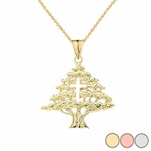 14k Solid Yellow Gold Lebanese Cedar Tree With Cut Out Cross Pendant Necklace - £265.14 GBP+
