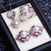 Silver pearl jewelry sets natural pearl stud earrings for women colorful flower pendant thumb200