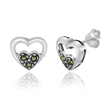 Minimal Loving Hearts Marcasite Sparkle on Sterling Silver Stud Earrings - £10.13 GBP