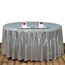 Silver - 108&quot; Tablecloths Round Luxury Collection Duchess Sequin Party - £84.15 GBP