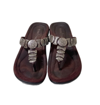 Minnetonka Thong Flip Flop Sandals Womens Size 7.5 Brown Leather Metal # 702041 - £17.22 GBP