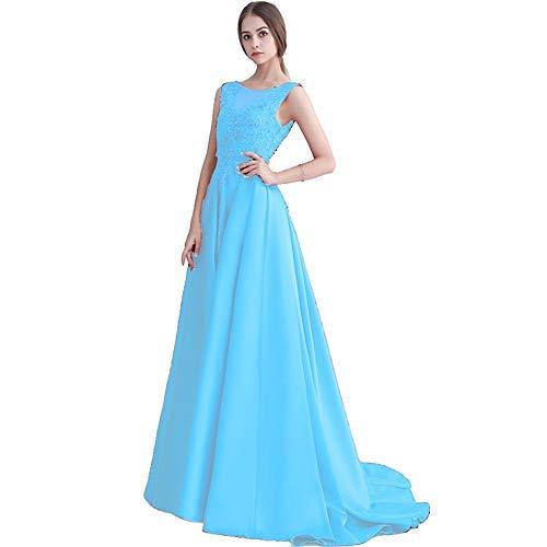 Custom Made Bateau Beaded Lace A Line Long Satin Prom Evening Dresses Aqua Blue
