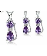 Sterling Silver Purple Crystal Cat Necklace &amp; Earrings Set Womens Cat Je... - £20.28 GBP