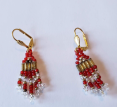 Vintage Fringed Hand Crafted Beaded Red and Gold 3 Inch Clip On Earrings - £7.90 GBP