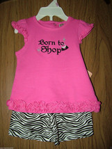 Baby Girl&quot;Born To shop&quot; S/Sleeves Tee &amp; Short Set.Sz 9 Months. Pink/Blac... - £8.76 GBP