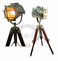 Nickel Plated Searchlight on Wooden Tripod Stand Nautical Spotlight with... - £155.48 GBP