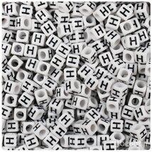 BeadTin White Opaque 6mm Cube Plastic Alphabet Beads- Black Letter H (80... - $2.09