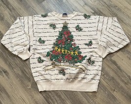 Vintage Christmas Sweatshirt 90s Crewneck Size USA Tree Medium White READ - £23.06 GBP