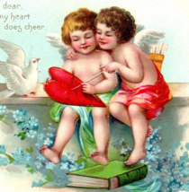 1911 Angels Hugging Drawing On A Heart Embossed Valentine Postcard - $11.88