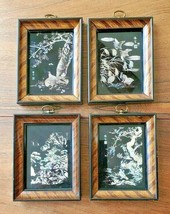 Vintage Set of 4 Framed Oriental Black Liquor Reverse Painted/Etched Art... - £78.91 GBP