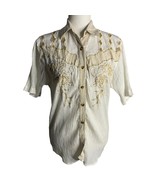 Vintage 90s Button Up Crinkle Blouse M White Short Sleeve Embroidered Cut Outs - $37.19