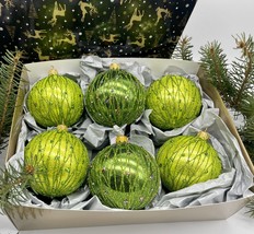 Set of 6 green with glitter Christmas glass balls, hand painted ornaments  - £42.95 GBP