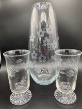 Hughes? Cornflower crystal carafe or vase and 2x footed glasses, engrave... - $22.60