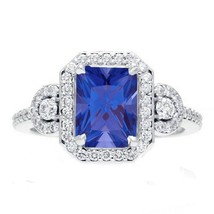 3Ct Simulated Sapphire Diamond Halo Engagement Ring 14k White Gold Plated Silver - $121.54