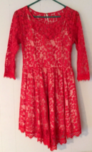 Free People dress size 8 red leaf lace over white lining 3/4 sleeves knee length - £20.72 GBP
