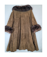 Vintage Suede Leather Coat Fur Collar Brown Lined Trench Century Pocket - £59.09 GBP