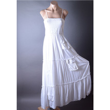 White Boho Smocked Summer Beach Pocket Casual Sundress Long Maxi Dress S... - $68.56 CAD