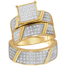 10k Yellow Gold His &amp; Her Round Diamond Cluster Matching Bridal Wedding Ring Set - £720.85 GBP