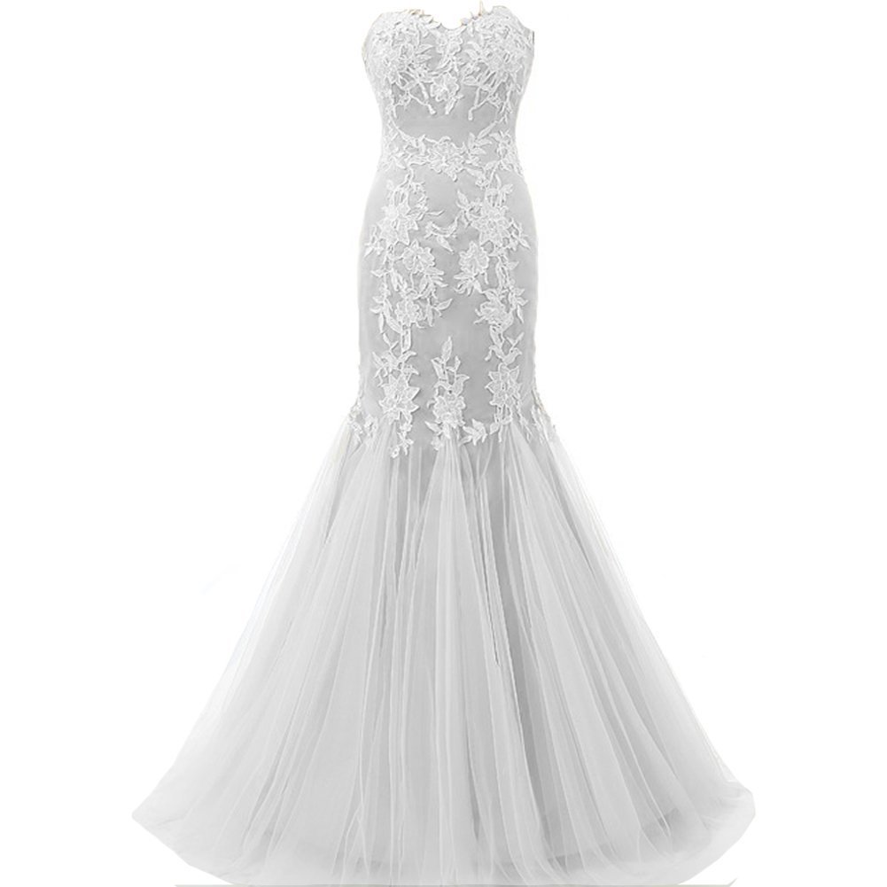 Kivary Mermaid Long White Lace Tulle Corset Back Formal Prom Evening Dresses Sil