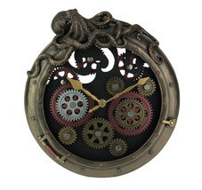 Steampunk Bronze Finish Octopus Porthole Wall Clock With Moving Gears - £141.92 GBP