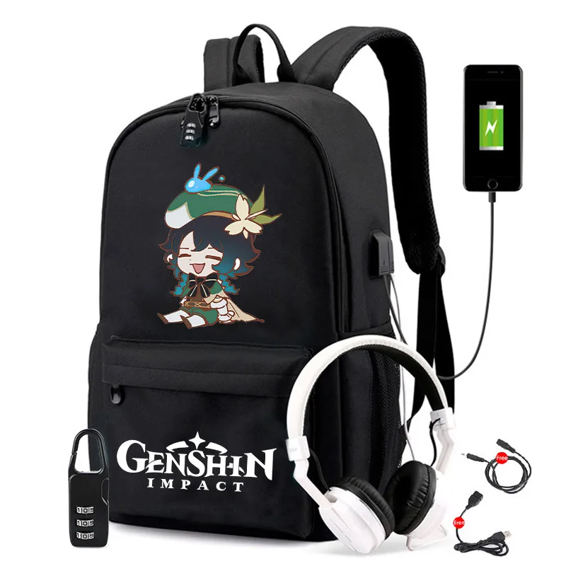 Anime Genshin Impact Designer USB Backpack Bag Travel School Students BookBag - £28.66 GBP