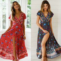 Women Floral Maxi Dress Boho Evening Party Summer Beach Casual Long Sundress - £7.95 GBP