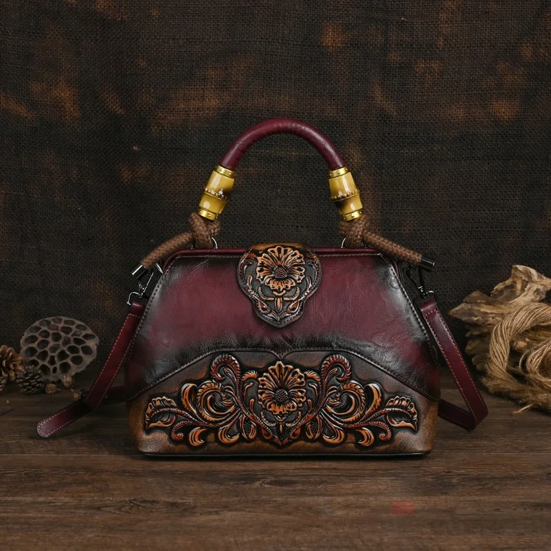  Handmade Luxury Handbags For Women Leather Shoulder Bags   Vintage Carved Ladie - £54.27 GBP