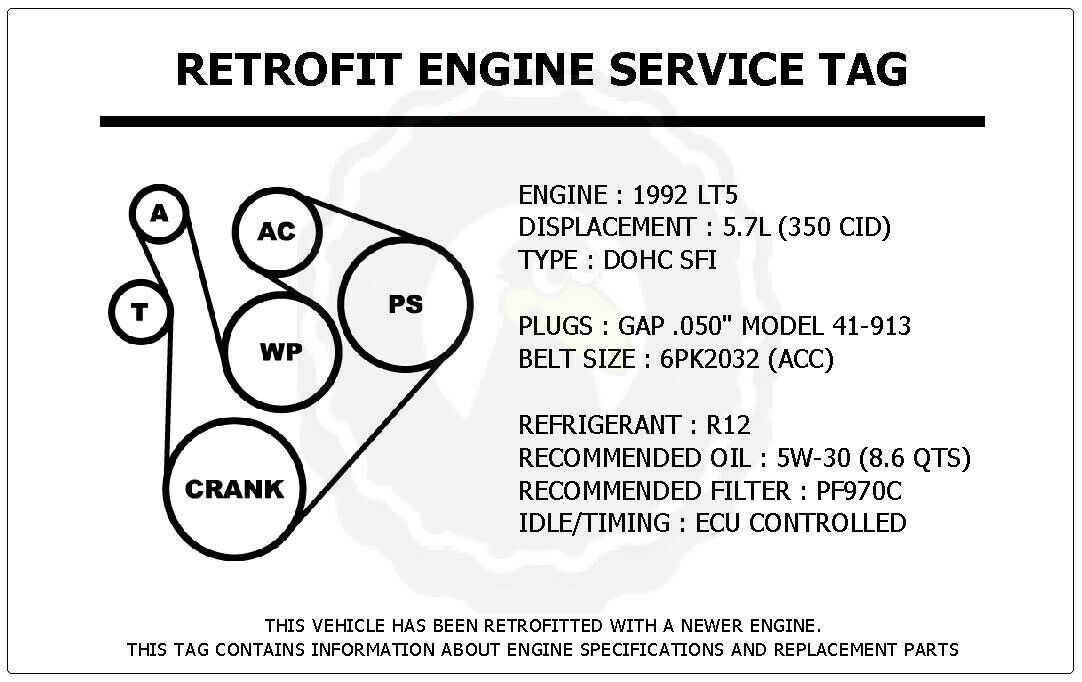 1992 LT5 5.7L Corvette Retrofit Engine Service Tag Belt Routing Diagram ... - $14.95