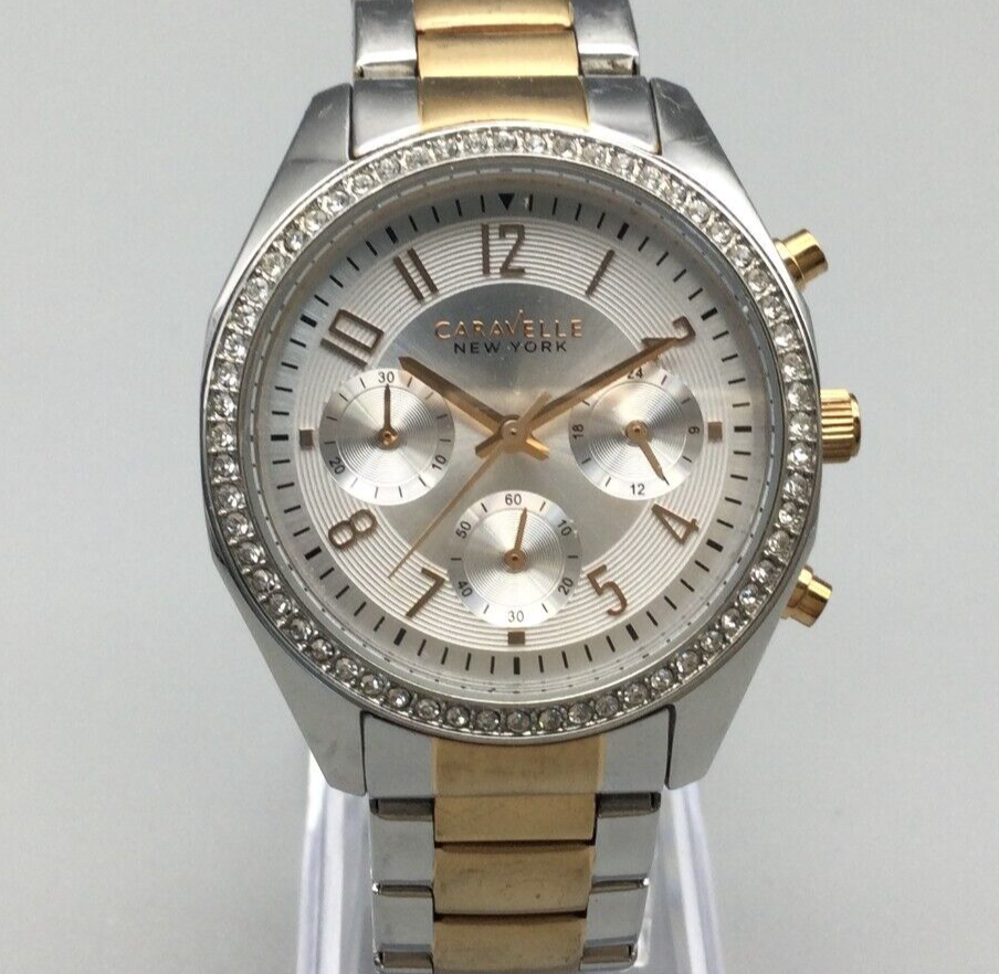 Caravelle Watch Women Rose Gold Silver Tone Chronograph Pave New Battery 6.5" - $34.64