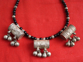 vintage antique old silver pendant necklace beads mala black onyx tribal - $236.61