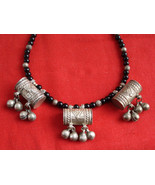 vintage antique old silver pendant necklace beads mala black onyx tribal - £186.36 GBP