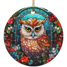 Cute Owl Bird Art Stained Glass Colorful Wreath Christmas Ornament Owls Lover - £11.90 GBP