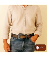 Floral Carved Western Leather Belt: Handmade Rustic Brown Full Grain - $2,924.58 MXN